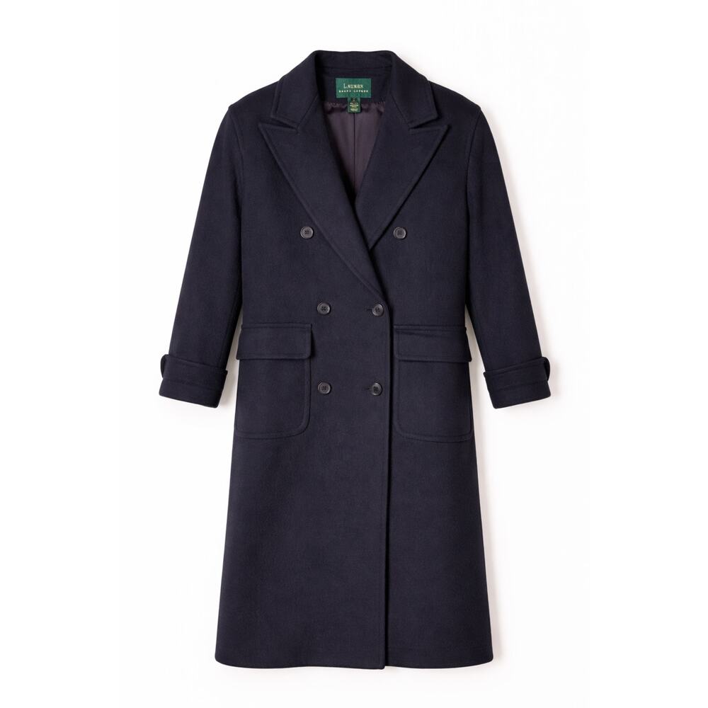 Lauren Ralph Lauren 100% Camel Hair Wool Double-Breasted Coat Navy